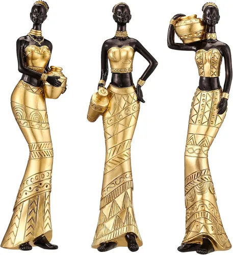 Paquete de 3 esculturas de arte africano - Estatuas africanas vintage para decoración del hogar - Figurillas tribales afroamericanas de mujeres -