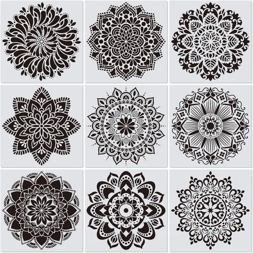 Paquete de 9 plantillas de Rangoli grandes de 12 x 12 pulgadas, plantillas de mandala, plantilla de pintura cortada con láser para arte de
