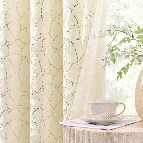 Miniatura 12 de Cortinas marrones y doradas de 63 pulgadas de largo, 2 paneles de cortinas geométricas para oscurecer la habitación, cortinas con ojales, estampado