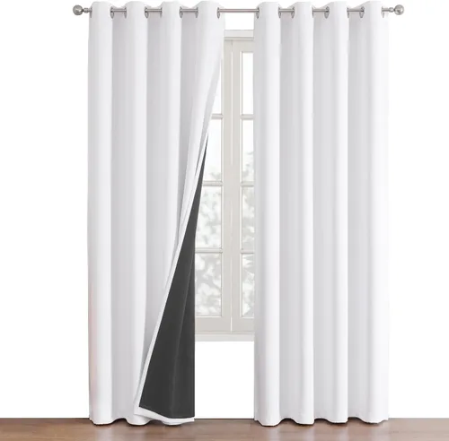 Miniatura 8 de ChrisDowa - Cortinas 100% opacas, blancas, para dormitorio, con forro negro, 2 capas gruesas, aislamiento térmico y ojales, juego de 2