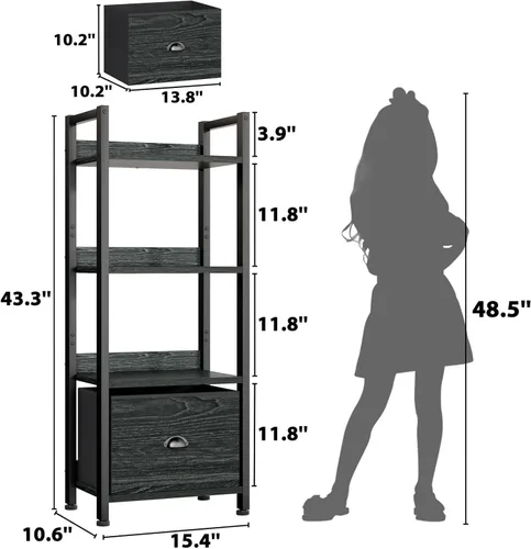 Miniatura 3 de Furologee Estantería de 4 niveles con cajón, estantería pequeña y estrecha, estante de pie de madera y metal, estantes de almacenamiento