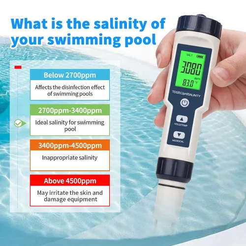 Miniatura 2 de Probador de sal de piscina, probador digital de agua de piscina, preciso y confiable, salinidad, medidor de pH, EC, TDS y temperatura 5 en 1; kit