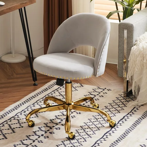 Miniatura 12 de VINGLI Silla de Oficina Pequeña de Terciopelo Moderna, Linda Silla de Escritorio con Ruedas, Base/Tachuelas Doradas, Cómoda Silla Giratoria sin Beige