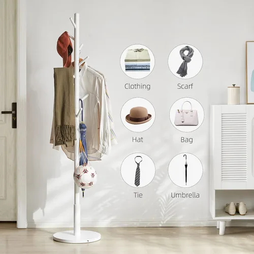 Miniatura 8 de Aibiju Perchero de pie para abrigos Blanco con 8 ganchos y 3 opciones de altura, árbol para abrigos de madera para niños con base redonda