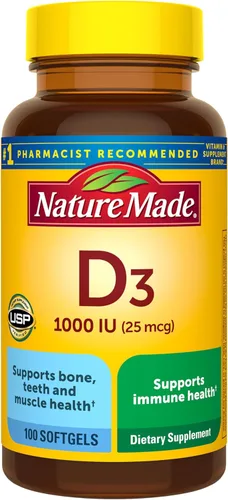 Nature Made Vitamina D3 1000 UI (25 mcg), suplemento de vitamina D para el apoyo a la salud de los huesos, dientes, músculos y sistema inmunológico,