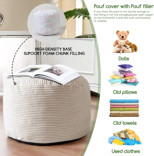 Miniatura 4 de HIGOGOGO Puf Otomán Redondo Relleno, Pufs de Pana con Relleno de Trozos de Espuma, Puf Peludo y Esponjoso Reposapiés Otomán de Almacenamiento, 20 X