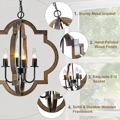 Miniatura 2 de Lámpara de araña de madera de granja de 19.49 pulgadas, lámpara rústica de comedor de 4 luces, lámpara de araña de altura ajustable, iluminación
