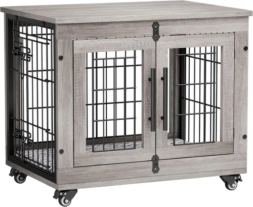 Miniatura 15 de Lulive Muebles de Jaula Grande para Perros, Mesa Auxiliar de Jaula para Perros de Madera de 38'', Perrera para Perros de Doble Puerta