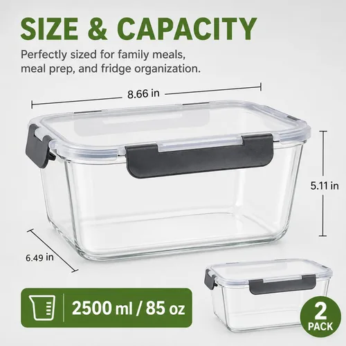 Miniatura 4 de Paquete de 2 recipientes grandes de vidrio para almacenamiento de alimentos con tapas de 85oz/10.5 tazas, recipientes grandes herméticos para pollo