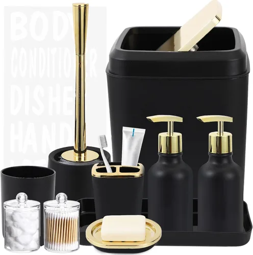 XLHOMO Juego de accesorios de baño negro y dorado - 10 piezas de baño con papelera, dispensador de jabón, jabonera, soporte para cepillo de dientes