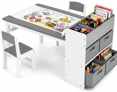 Arlopu - Juego de mesa y 2 sillas de arte para niños, mesa de actividades de madera para niños de gran tamaño, escritorio de dibujo robusto con gran