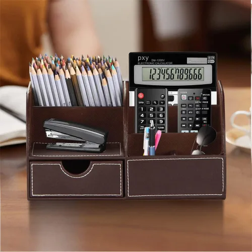 Miniatura 4 de Organizador de escritorio, organizador de escritorio de piel sintética y accesorios, suministros de oficina, almacenamiento multifuncional con 6