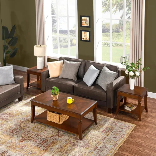 Miniatura 4 de Mesa auxiliar de madera maciza con estante de almacenamiento, mesa auxiliar rectangular vintage para sofá con mesa de empalme y patas talladas, mesa