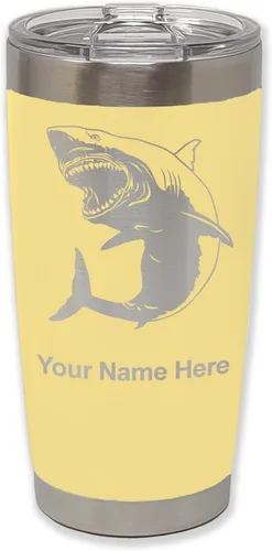 Miniatura 13 de LaserGram Vaso aislado al vacío de 20 onzas, gran tiburón blanco, grabado personalizado incluido (negro)