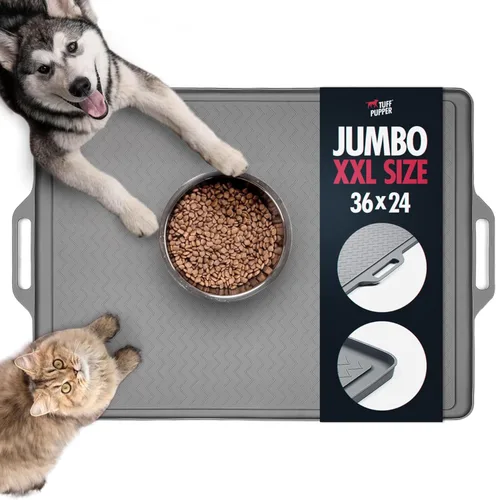 Tuff Pupper XXL Tapete de alimentación para perros 36x24 para comida y agua | Tapete impermeable de silicona para pisos | Tapete de comida para Gris