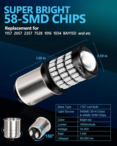 Miniatura 2 de Yorkim Bombillas LED 1157 brillantes rojas, bombilla de freno 1157, 9-30 V, 1157 2057, 2357, 7528, BAY15D, bombilla LED con proyector de repuesto