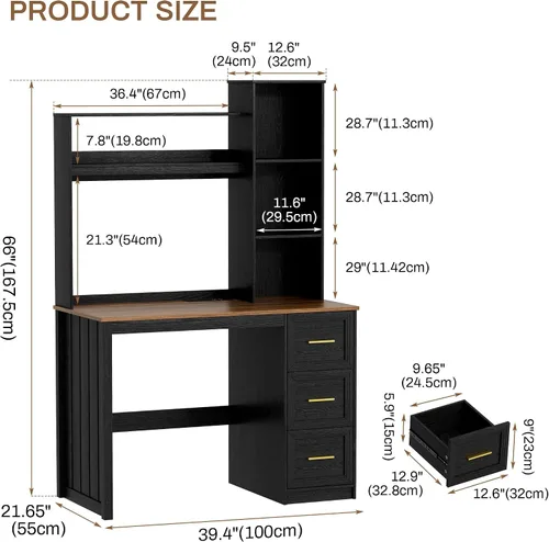 Miniatura 2 de LVSOMT Escritorio de Oficina en Casa de 40" con Estante Superior y Cajones, Escritorio para Computadora con Tomas de Corriente y Luz LED, Mesa