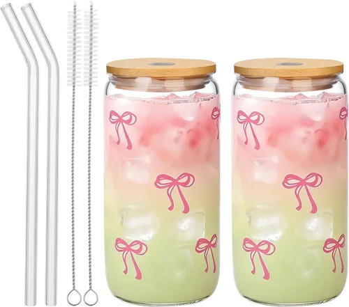Miniatura 8 de Tazas de vidrio lindas con moño rosa y tapas y popotes, taza estética de café helado, taza de diseño preppy femenino, regalos de cumpleaños y San