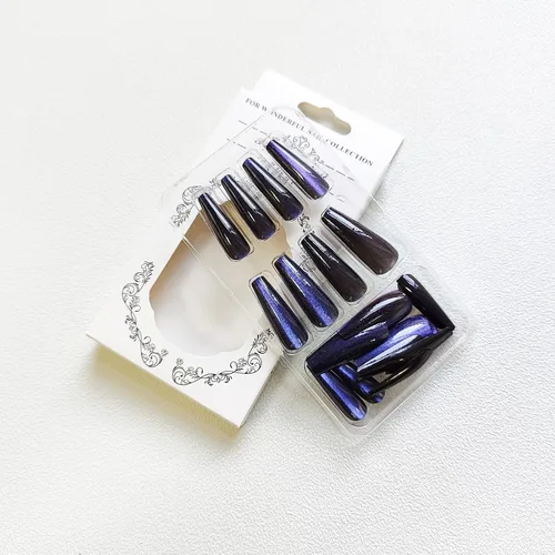 Miniatura 4 de Uñas postizas a presión largas, con brillo azul y diseño, acabado acrílico brillante, de cobertura completa, uñas postizas reutilizables para l002