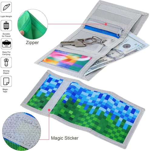 Miniatura 5 de Carteras de 3 piezas para niños y niñas de 6 a 18 años, billeteras de lona triples con adhesivo y bolsillo con cremallera para adolescentes, regalo