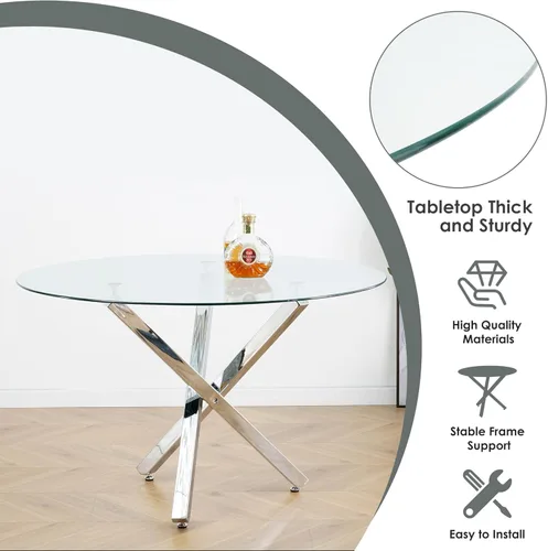 Miniatura 7 de Juego de mesa de comedor redonda de cristal moderno de mediados de siglo para 4, juego de vajilla circular de lujo plateado de 5 piezas, juego
