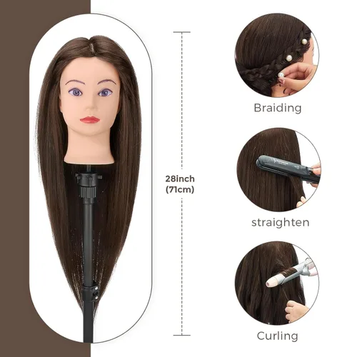 Miniatura 8 de Cabeza de maniquí de 28 pulgadas con 80 % cabello humano real, cabeza de muñeca para peinado, trenzado, rizado, cabeza de maniquí de cosmetología