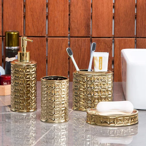 Miniatura 2 de Juego de accesorios de baño dorados, 4 piezas de cerámica para decoración de baño, incluye dispensador de loción, soporte para cepillos de dientes