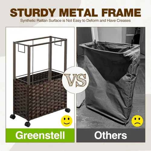 Miniatura 7 de GREENSTELL - Cesta de ropa con ruedas, 45 l (11.9 galones), cesto pequeño de ratán para ropa con 2 bolsas extraíbles y 2 bolsas de malla, cesto