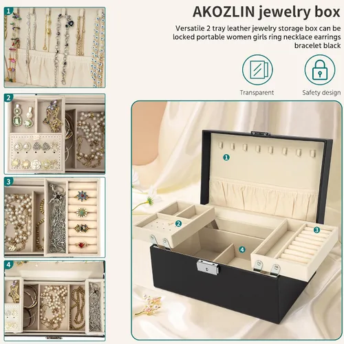 Miniatura 4 de AKOZLIN Joyero de viaje organizador funcional de 2 bandejas de cuero con cerradura portátil para mujeres y niñas, anillo collar, aretes, pulsera