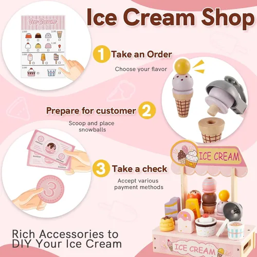 Miniatura 3 de HERSITY - Mostrador de Helado de Madera para Juego Simulado de Comida para Niños de 3 a 5 años, Juego de Tienda de Helados y Paleta de Juguete