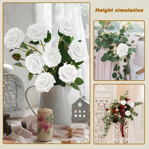 Miniatura 5 de Flores Artificiales Rosas Realistas, 100 pcs Rosas Falsas de Aspecto Real con Tallo para Ramos de Boda DIY Centros de Mesa Despedidas de Soltera