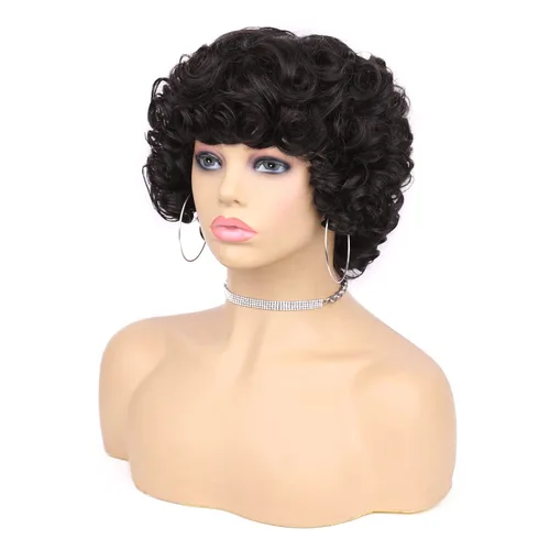 Miniatura 8 de Pelucas de cabello humano corto rizado Bob peluca para mujeres negras, sin encaje, peluca rizada grande con flequillo, corte pixie, pelucas Negro