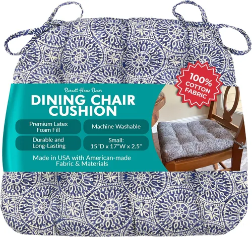 Miniatura 133 de Barnett Home Decor Ticking Stripe Berlin Blue - Almohadilla para silla de comedor con lazos, tamaño mediano 18, relleno de espuma de látex, lavable