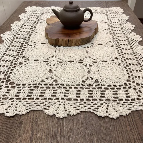 Miniatura 3 de Hsvanyr Mantel rectangular de algodón hecho a mano con encaje de ganchillo, 19 x 27 pulgadas, centros de mesa beige para comedor