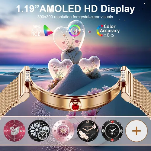 Miniatura 6 de Reloj inteligente para mujer, 1.19 pulgadas, pantalla táctil AMOLED, reloj de fitness (llamadas/notificaciones), 3 correas, monitor de frecuencia
