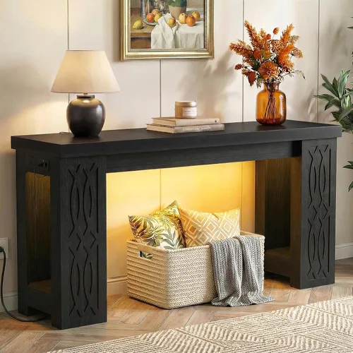 Cyclysio Mesa consola de 63 pulgadas con tomacorriente, mesa de entrada de granja con luces LED coloridas, mesa de sofá de madera con diseño tallado