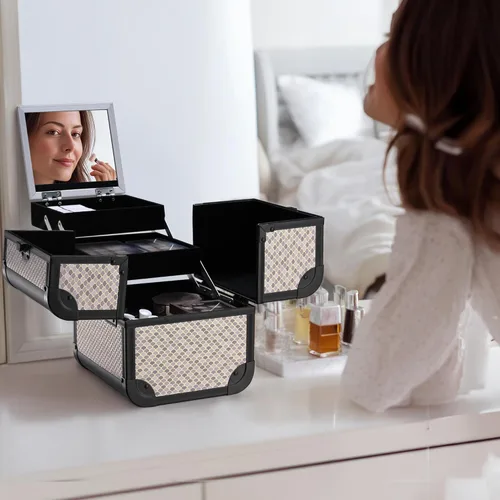 Miniatura 7 de BYOOTIQUE estuche rodante para maquillaje 4 en 1, con cerradura, maletín tipo trolley para cosméticos, con 4 ruedas extraíbles, organizador de viaje