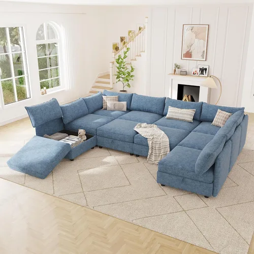 Miniatura 40 de 95.5" Sofá seccional modular de chenilla con almacenamiento oculto, sofá cama convertible en forma de L y U, sofá seccional moderno de 6 plazas