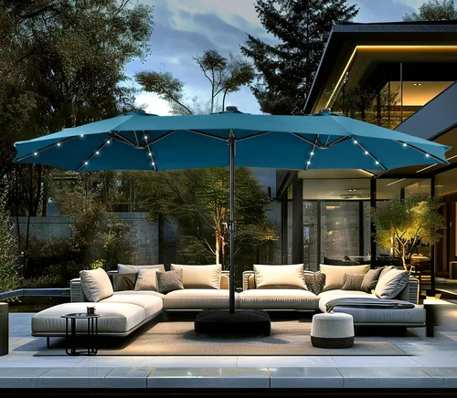 Miniatura 15 de PHI VILLA Sombrilla de patio grande de 15 pies con base y luces solares, paraguas rectangular de doble cara para exteriores con 36 luces LED, Beige