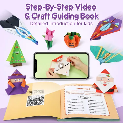 Miniatura 3 de Mocoosy Kit de origami de 320 hojas para niños de 5 a 8 y de 9 a 12 años, kit de aviones de papel, juego de papel para doblar de colores con libro