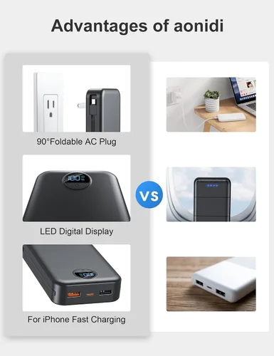 Miniatura 3 de aonidi Cargador ultraportátil de 20000 mAh PD20W con cables integrados y enchufe de pared de CA, cargador de teléfono celular de carga rápida, Negro