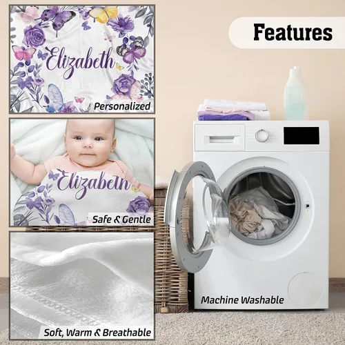 Miniatura 4 de AVIClothes Manta de bebé niña personalizada, mantas personalizadas con diseño de mariposas y flores, manta de bebé con nombre para niña, 30 x 40