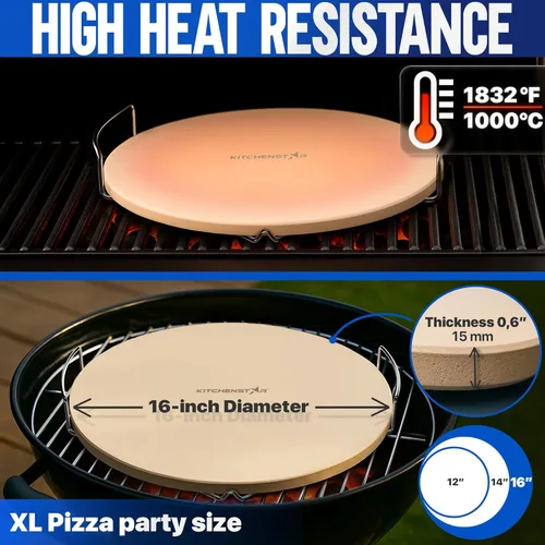 Miniatura 4 de KitchenStar Piedra para pizza de 16 pulgadas para horno y parrilla de barbacoa con asas, redonda, 5/8 pulgadas de grosor, cordierita natural