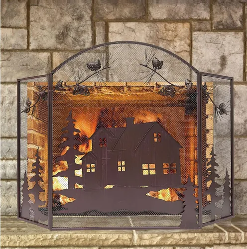 Miniatura 4 de BestGiftEver Pantalla decorativa para chimenea de 3 paneles con diseño de cono de pino de cabaña de casa, cubierta de chimenea, pantalla de malla