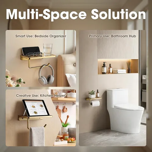 Miniatura 4 de TRUSTMI Soporte de papel higiénico con estante para teléfono, accesorios de baño, dispensador de rollo de pañuelos, almacenamiento, montaje en Oro