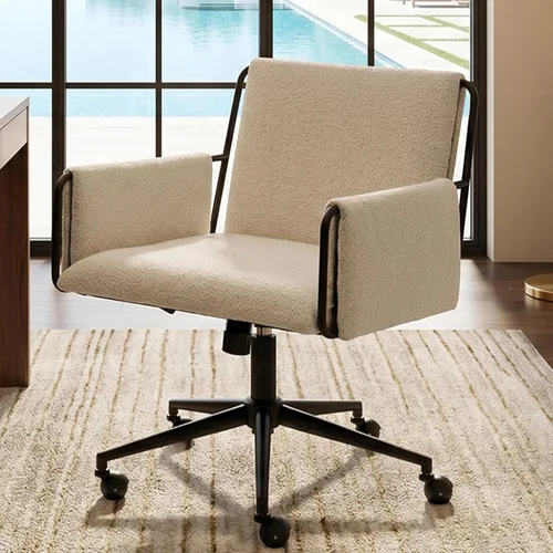 Rowill Silla de oficina moderna, tela beige Boucle, altura ajustable, capacidad de 300 libras, ruedas, reposabrazos, perfecta para oficina en casa,