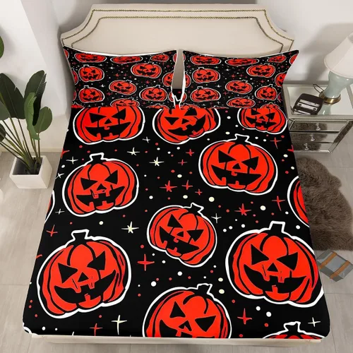 Miniatura 40 de Juego de ropa de cama de Halloween con patrón de sombras kawaii, sábana bajera tamaño queen, decoraciones de calabaza, luces de calabaza góticas