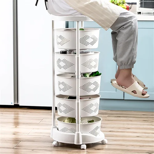 Miniatura 8 de Estante de almacenamiento giratorio de 5 niveles, estante de almacenamiento de verduras, estante de almacenamiento con ruedas bloqueables y cesta
