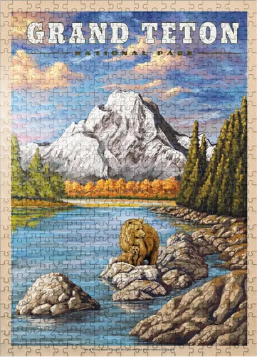 Miniatura 8 de MyPuzzle Grand Teton National Park – Grizzly Bear Hug, póster de viaje vintage – Rompecabezas de 100 piezas premium para adultos