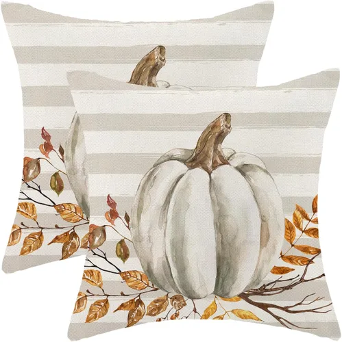 AEIOAE - Juego de 2 fundas de cojín decorativas de 16 x 16 pulgadas con diseño de calabaza en acuarela, tiras grises, flor de otoño, decoración al